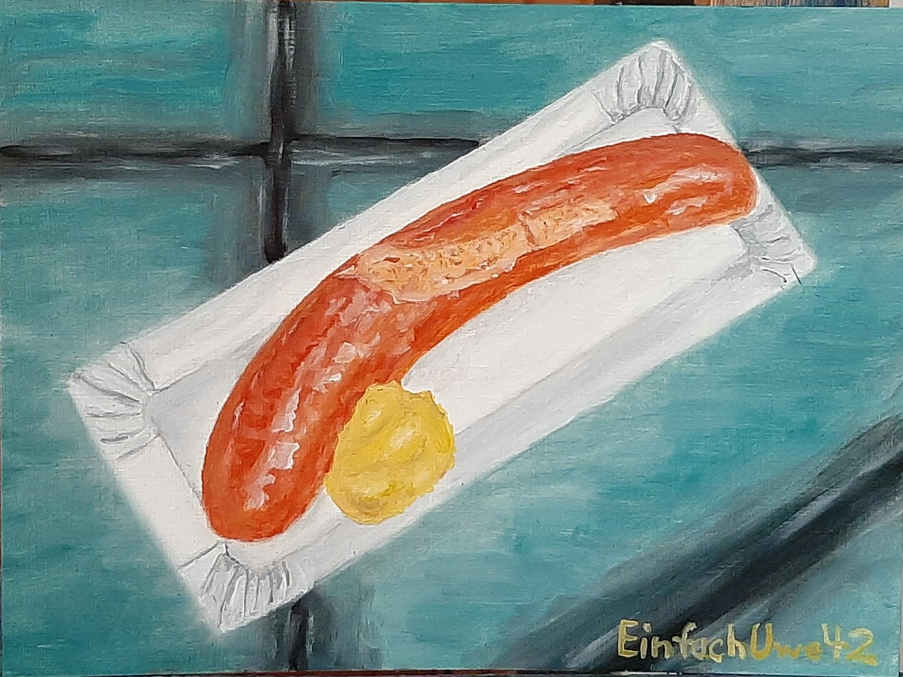 Bild eines Gemäldes mit einer einzelnen Bratwurst auf einer weißen Papierschale, die auf einem blau gefliesten Boden liegt. Neben der Wurst ist ein Klecks gelber Senf zu sehen. Im rechten unteren Bildbereich steht die Signatur 'Einfach Uwe 42'. Die Fliesen haben sichtbare Fugen und das Licht erzeugt Schatten, die Tiefe schaffen. Die Wurst zeigt verschiedene Brauntöne mit Pinselstrukturen, die ihre Form betonen.