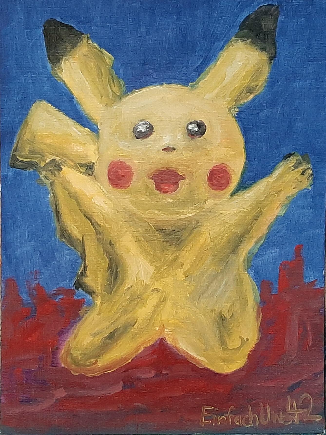 Ölgemälde eines verzerrten, gelben Pikachu-ähnlichen Charakters mit roten Wangen und großen Augen vor blauem Hintergrund und rotem Untergrund. Die Figur wirkt pastos gemalt mit sichtbaren Pinselstrichen, die Konturen sind weich und ungleichmäßig, die Ohren und Gliedmaßen sind unregelmäßig und dynamisch angeordnet.