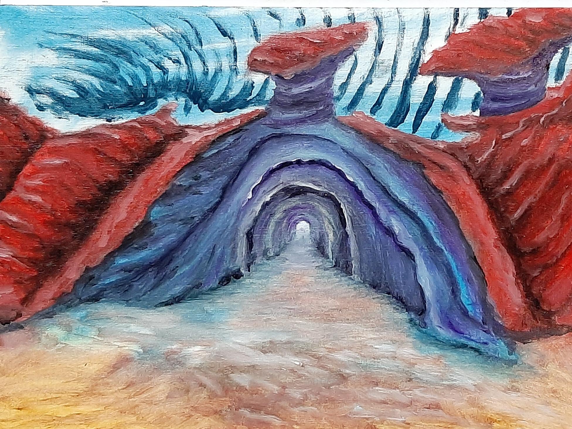 Gemälde mit abstrakter Landschaft, in deren Zentrum ein großer, bogenförmiger Tunnel in violett-blauen Farbtönen zu sehen ist. Seitlich befinden sich rotbraune, gebogene Felsstrukturen. Der Himmel oben ist in Blau- und Weißtönen mit geschwungenen Linien gemalt. Der Boden vor dem Tunnel zeigt sanfte Übergänge in helleren Farben. Die Pinselstriche sind sichtbar und schaffen eine lebendige Textur. Das Bild wirkt räumlich und geheimnisvoll.